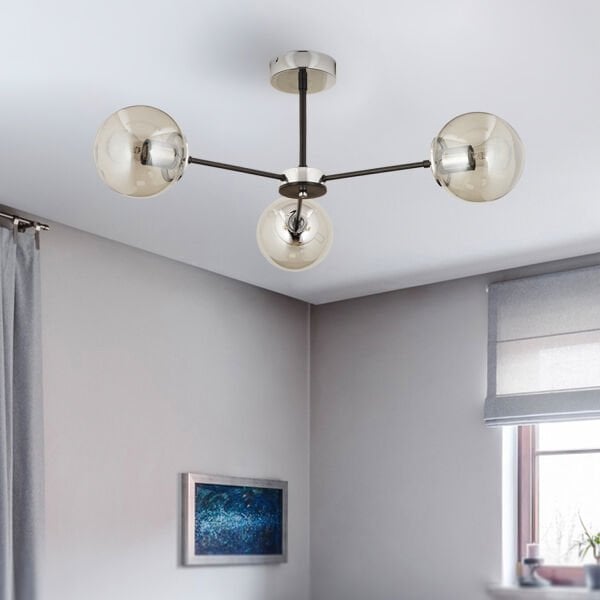 Nide 3Lü Siyah Krom Bal Camlı Modern Genç Odası Yatak Odası Retro Salon Avize