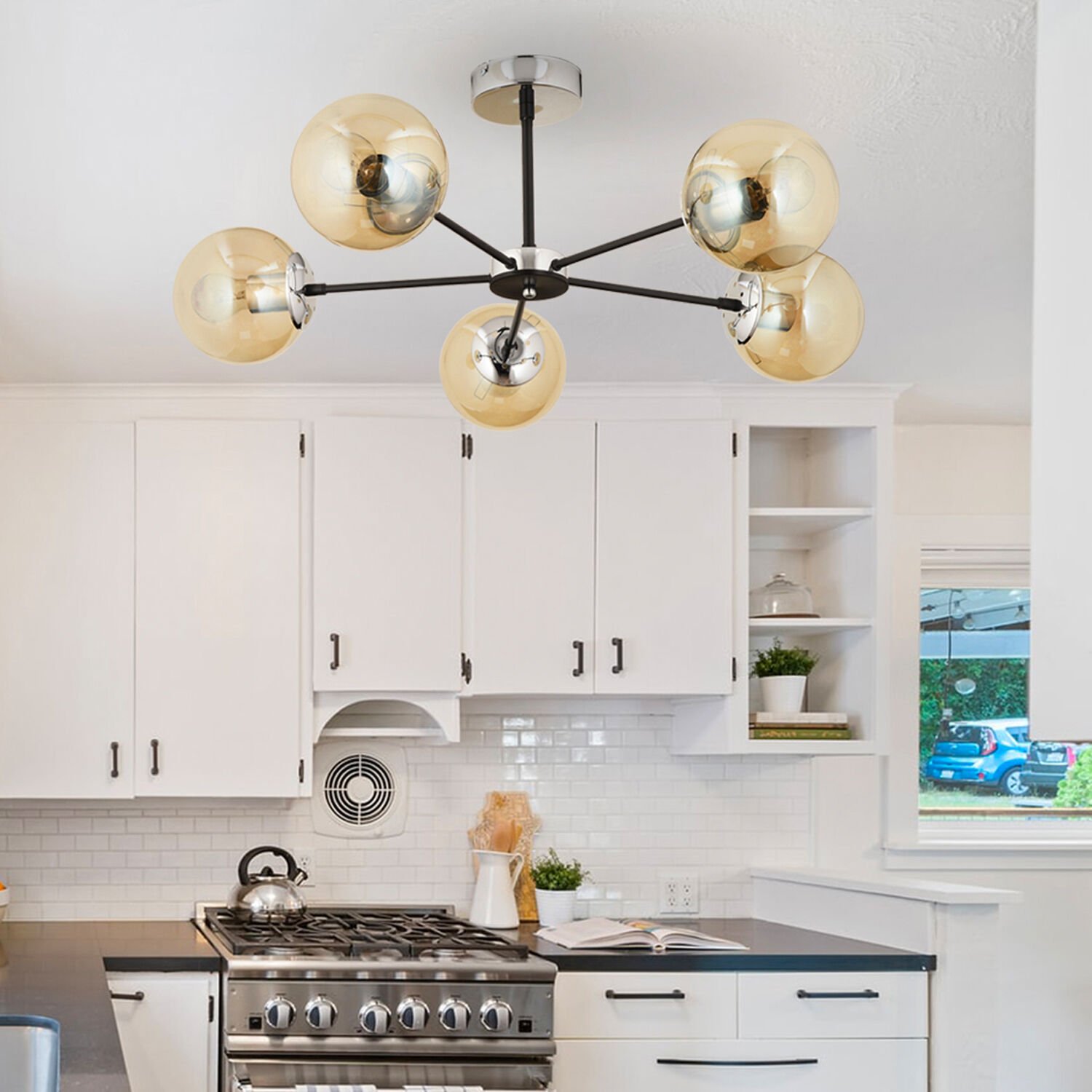 Nide 5Li Siyah Krom Bal Camlı Modern Genç Odası Yatak Odası Retro Salon Avize