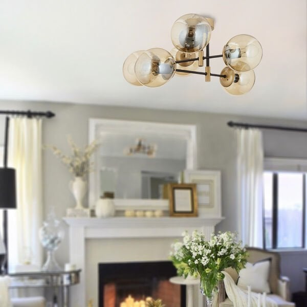 Maral 6Lı Siyah Eskitme Bal Camlı Modern Genç Odası Yatak Odası Retro Salon Avize