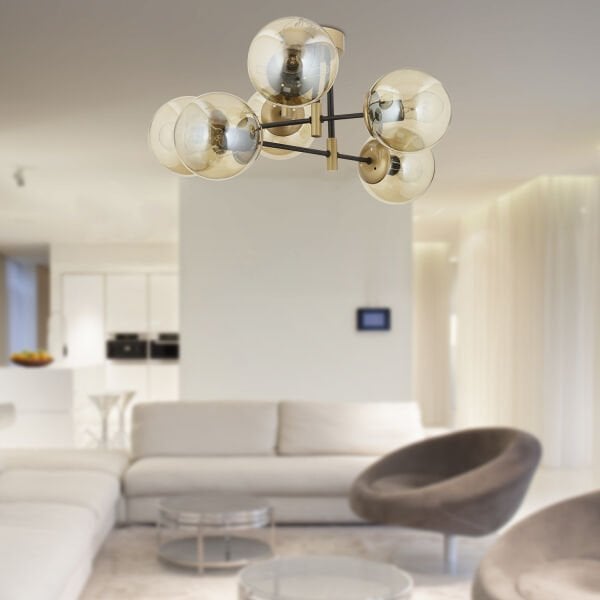 Maral 6Lı Siyah Eskitme Bal Camlı Modern Genç Odası Yatak Odası Retro Salon Avize