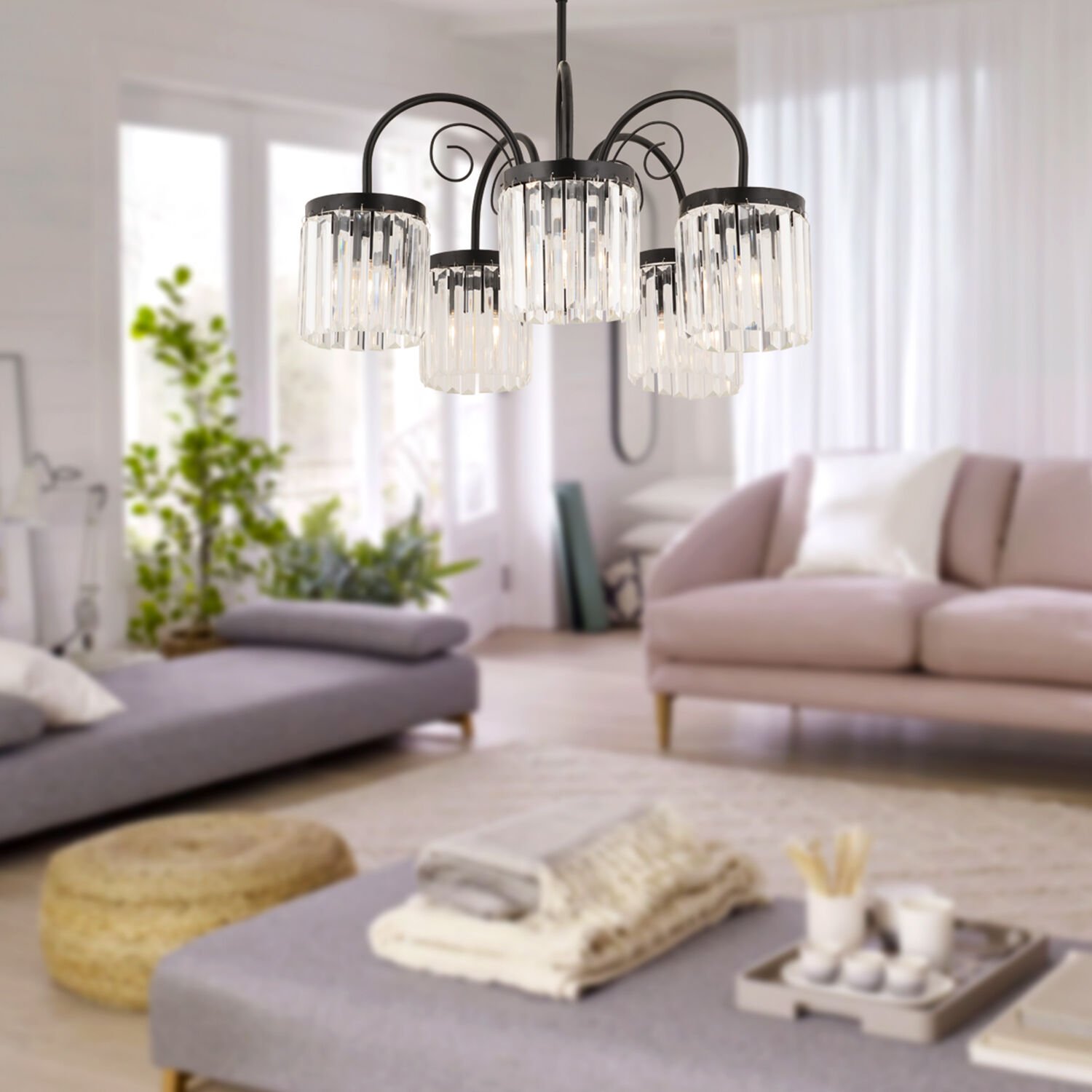 Matias 5Li Siyah Kristalli, Taşlı Modern Tasarım Kristal Salon Avize
