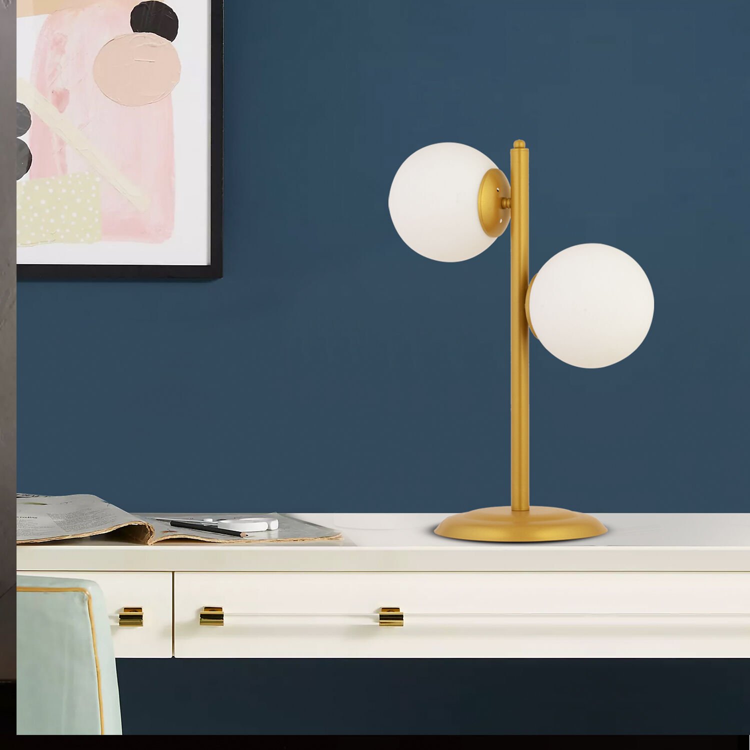 Siena 2Li Gold Boyalı Beyaz Camlı Masa Lambası Modern Tasarım -Yatak Odası-Salon Abajur