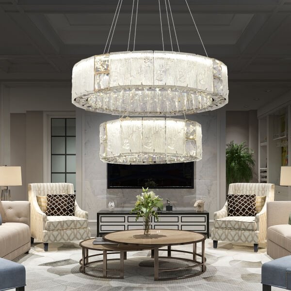 Rocco 2 Katlı 3 Renkli Ledli 64 Watt Gold Kaplamalı Kristal Taşlı Sarkıt Led Salon Avize