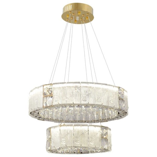 Rocco 2 Katlı 3 Renkli Ledli 64 Watt Gold Kaplamalı Kristal Taşlı Sarkıt Led Salon Avize