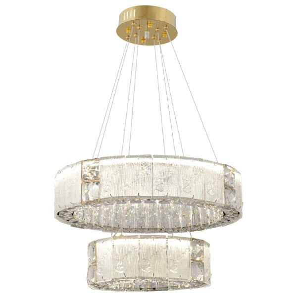 Rocco 2 Katlı 3 Renkli Ledli 64 Watt Gold Kaplamalı Kristal Taşlı Sarkıt Led Salon Avize