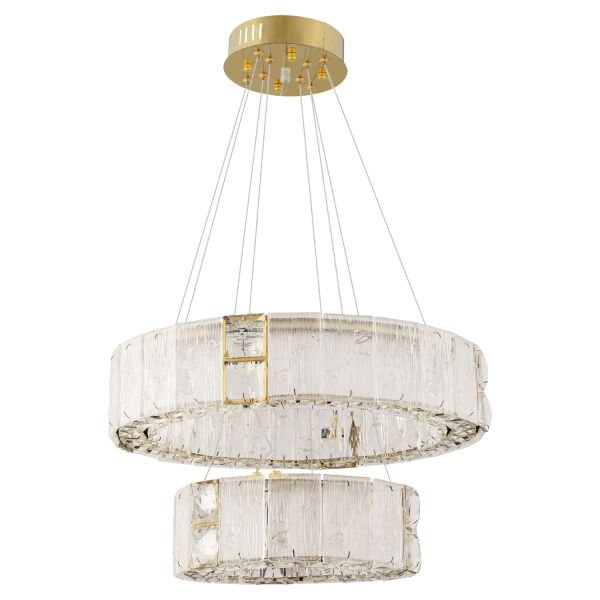 Rocco 2 Katlı 3 Renkli Ledli 64 Watt Gold Kaplamalı Kristal Taşlı Sarkıt Led Salon Avize