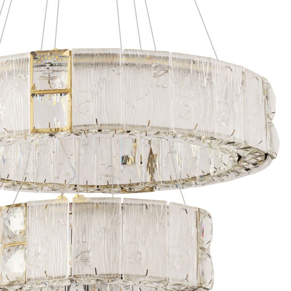 Rocco 2 Katlı 3 Renkli Ledli 64 Watt Gold Kaplamalı Kristal Taşlı Sarkıt Led Salon Avize