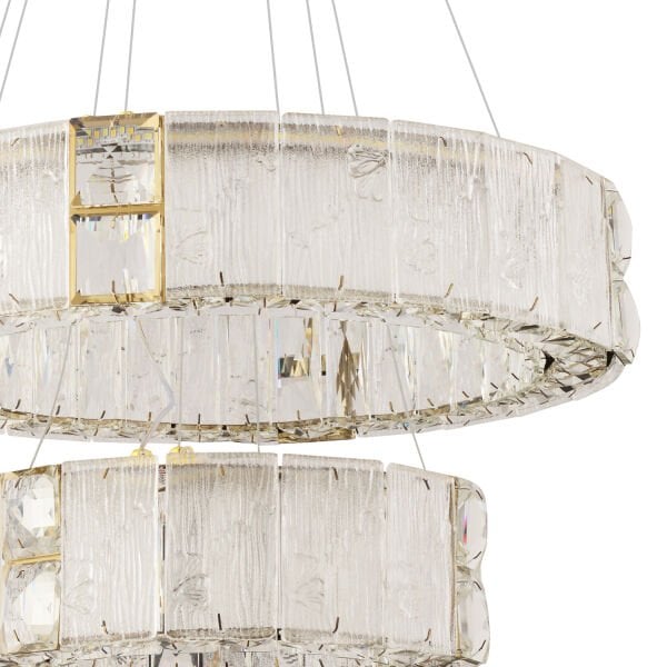 Rocco 2 Katlı 3 Renkli Ledli 64 Watt Gold Kaplamalı Kristal Taşlı Sarkıt Led Salon Avize