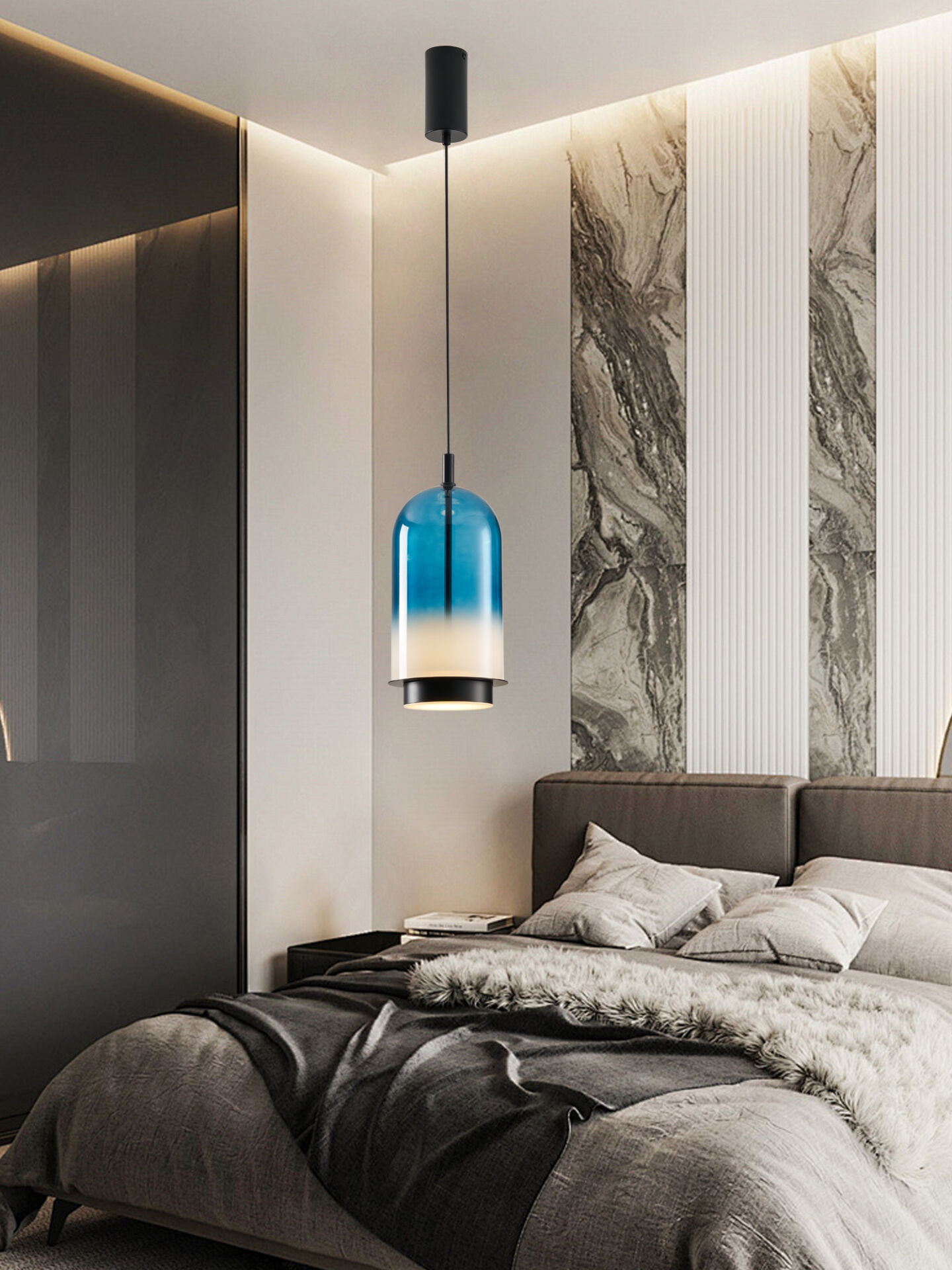 Velmio Modern Cam Tekli LED Sarkıt Avize Mavi