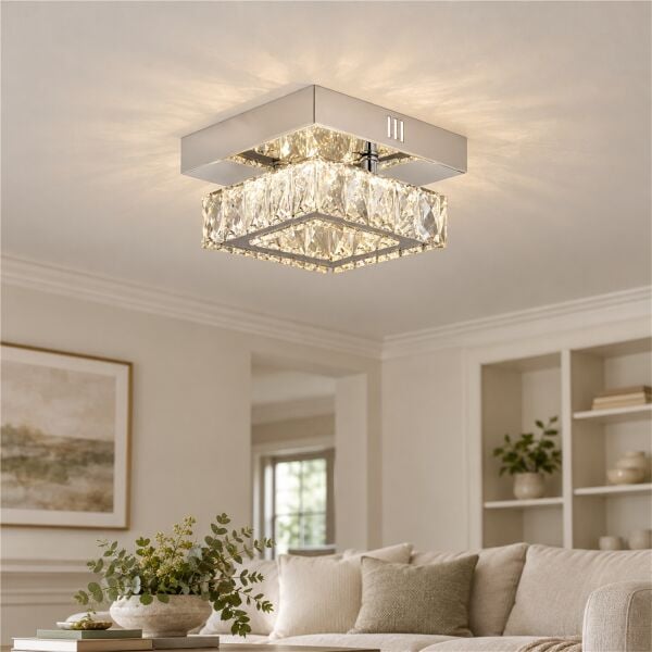 Modina Tek Katlı Krom 3 Renkli 20 Watt Ledli 3 Renkli Kristalli Taşlı Modern Tasarım Led  Kristal Salon Avize