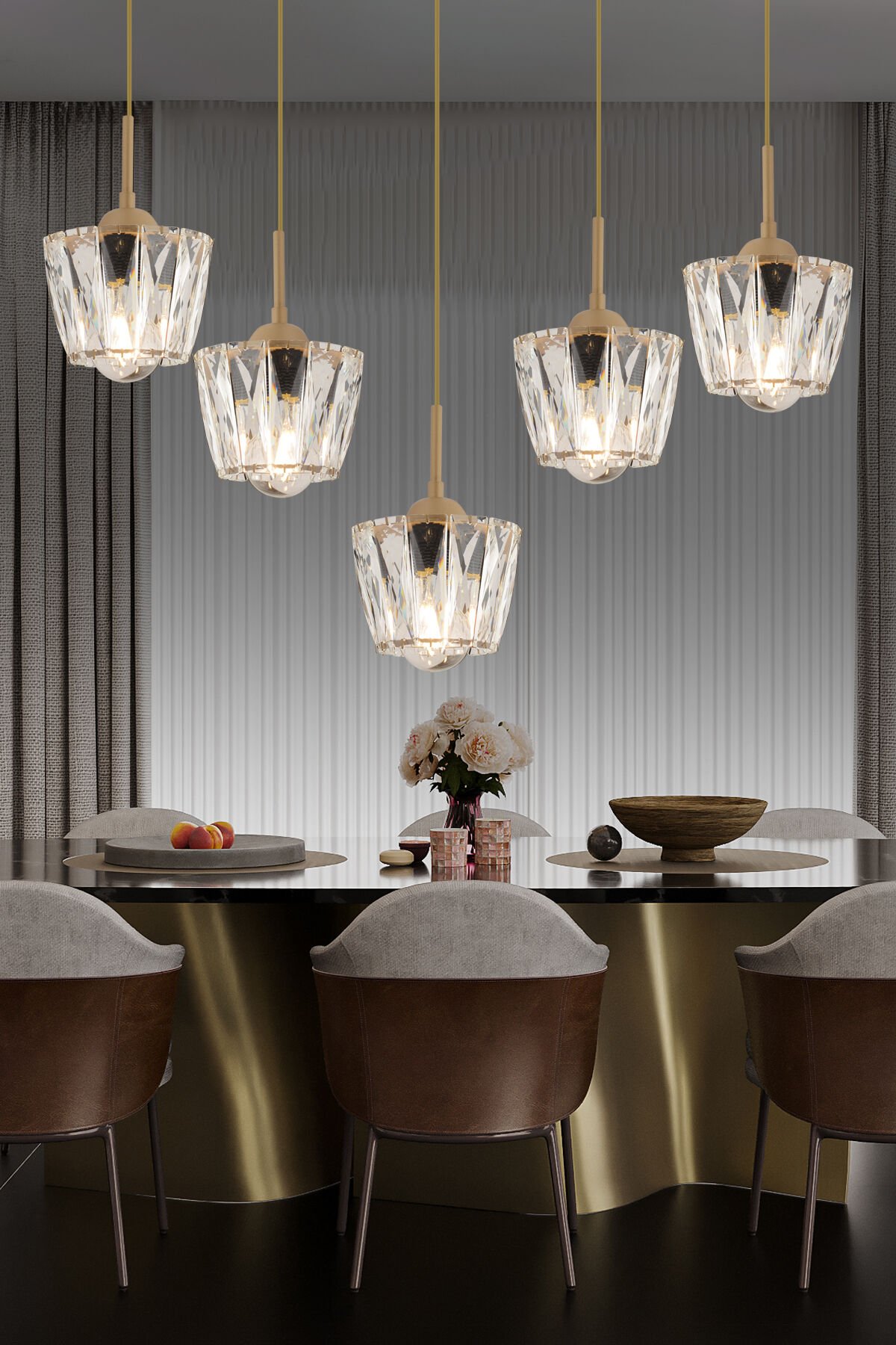 Fernando 5 Li Sıralı Eskitme Kristal Taşlı Salon Avize