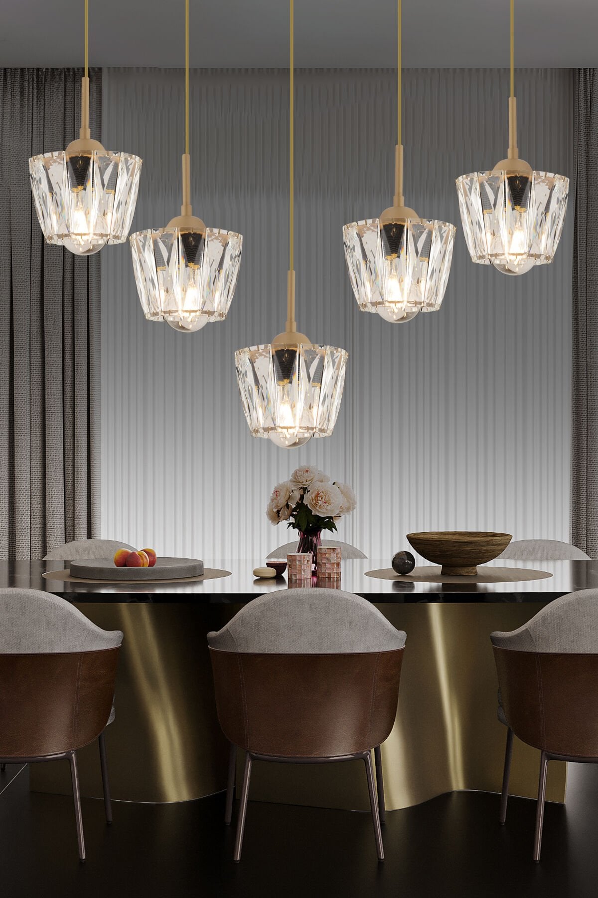 Fernando 5 Li Sıralı Eskitme Kristal Taşlı Salon Avize