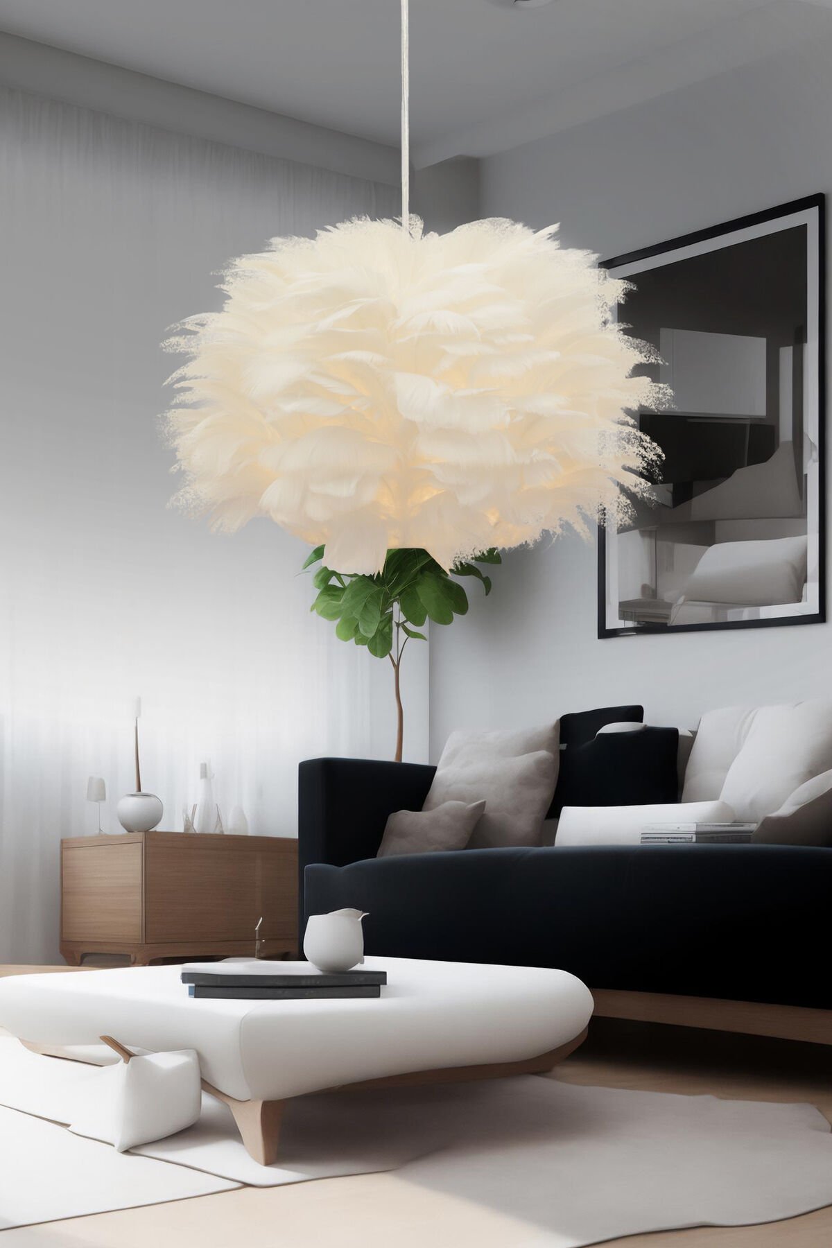 Belinay Tekli Tüylü Beyaz Sarkıt Avize Modern Sarkıt Mutfak Salon Sarkıt Avize