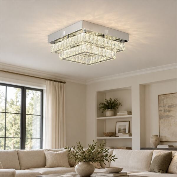 Modina 2 Katlı Krom Ledli 3 Renkli 70 Watt Kristalli Taşlı Modern Tasarım Led  Kristal Salon Avize