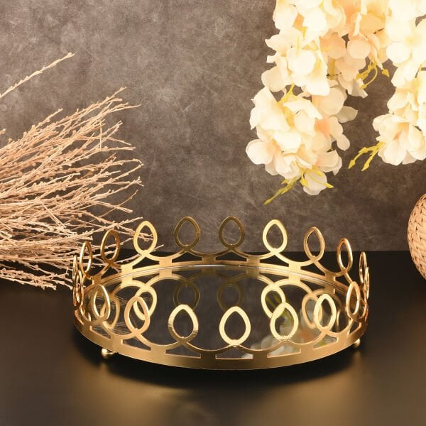 KARYUS YUVARLAK GOLD DETAYLI AYNALI SÖZ NİŞAN SUNUM TEPSİSİ