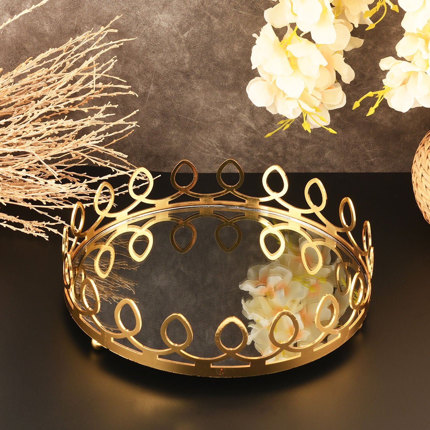 KARYUS YUVARLAK GOLD DETAYLI AYNALI SÖZ NİŞAN SUNUM TEPSİSİ