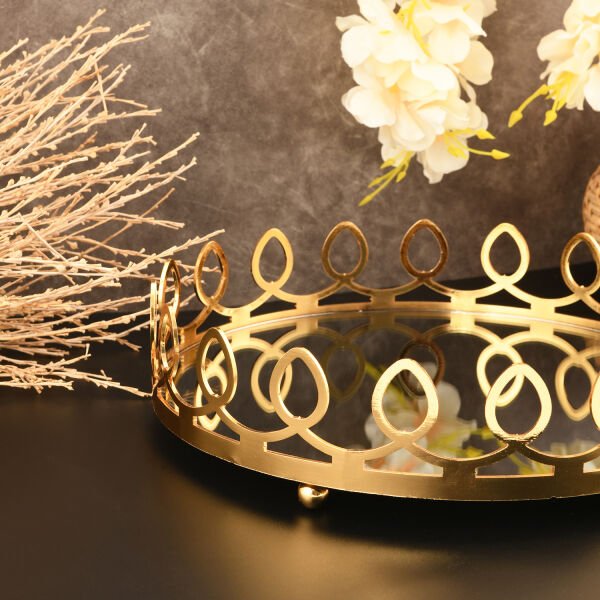 KARYUS YUVARLAK GOLD DETAYLI AYNALI SÖZ NİŞAN SUNUM TEPSİSİ