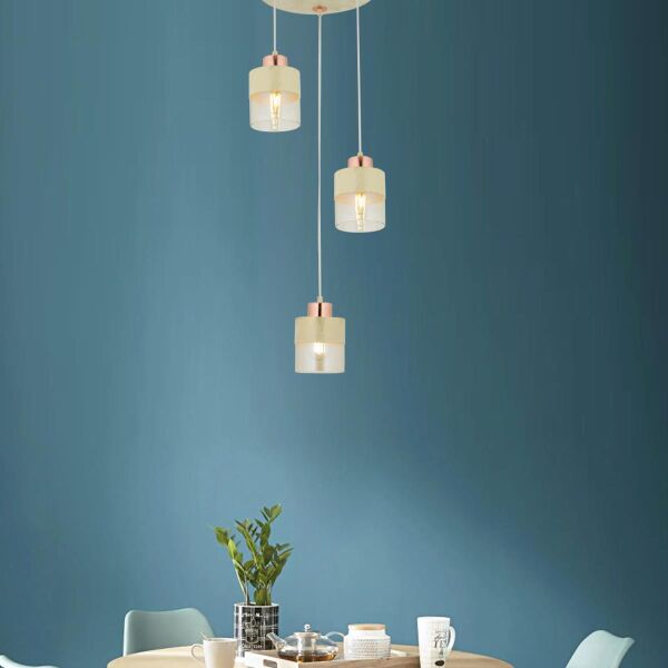 Boris 3Lü Yuvarlak Krem-Bakır Sarkıt Modern Genç Odası Mutfak Salon Avize