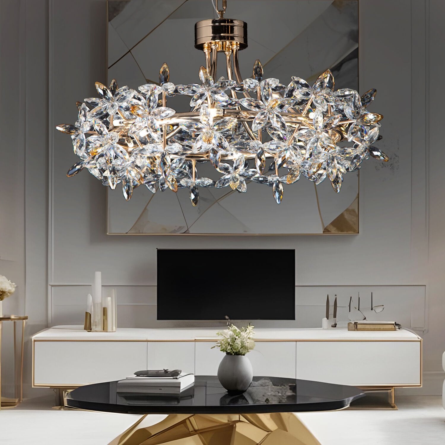 Mercan 60'lık Yuvarlak Gold Kristal Taşlı Modern Oturma Odası, Salon Avize