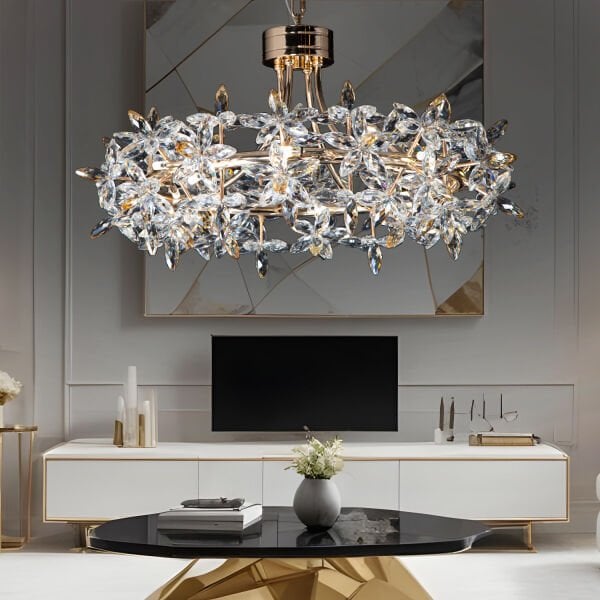 Mercan 60'lık Yuvarlak Gold Kristal Taşlı Modern Oturma Odası, Salon Avize