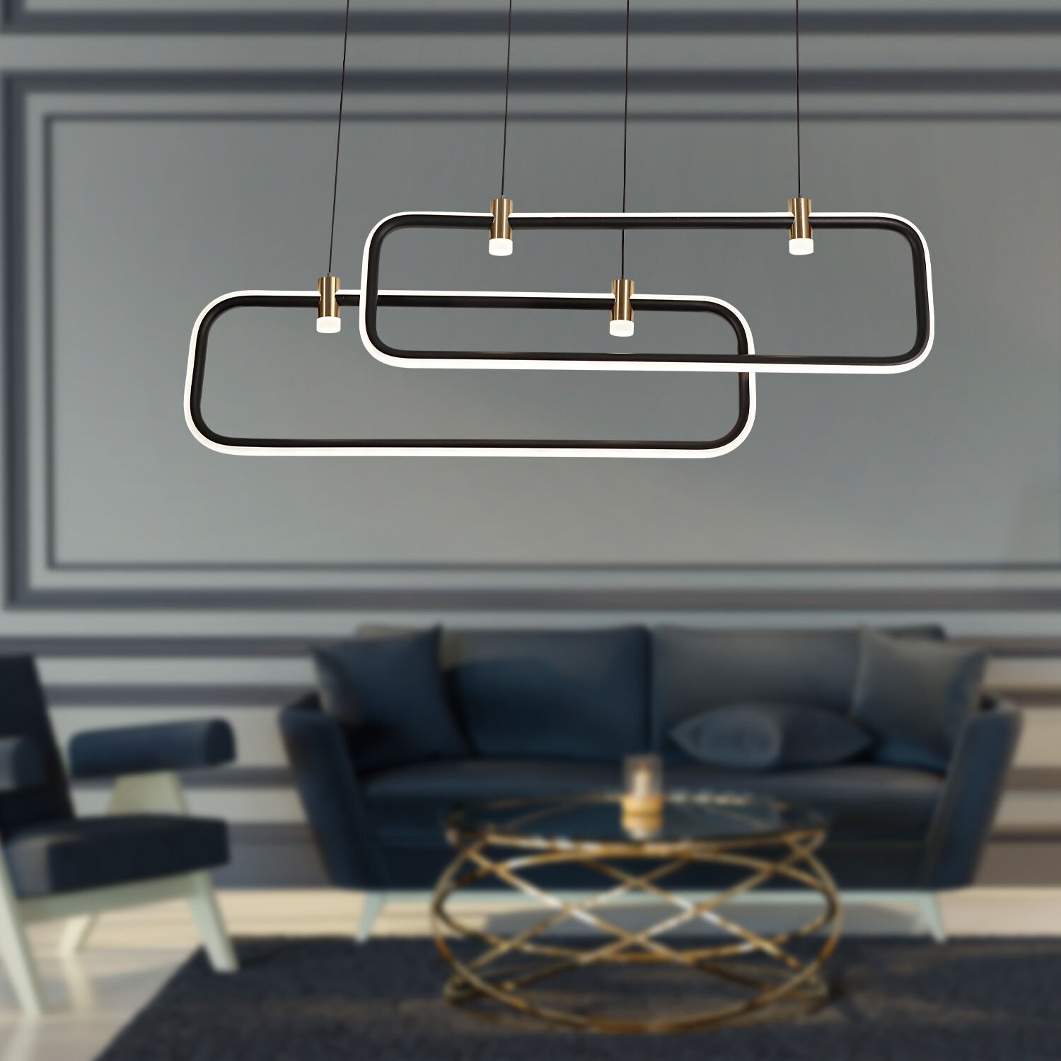 Blom 2'li Dikdörtgen 96 Watt Siyah Yemek Masası Üstü, Salon Sarkıt Led Avize