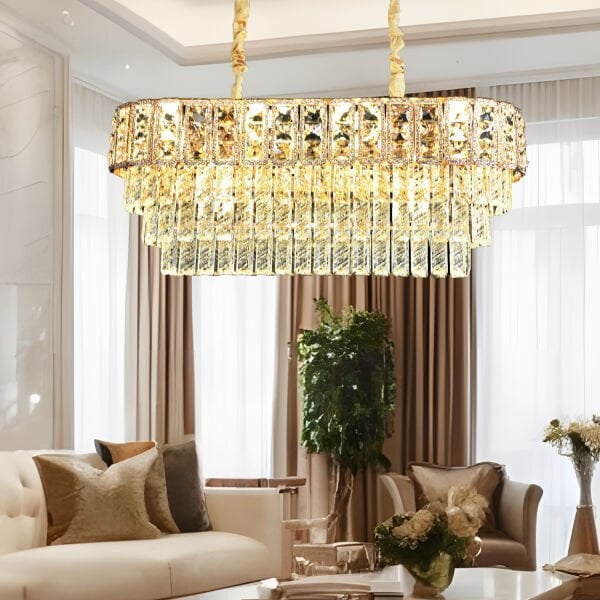 Della Sıralı 40 Watt Dikdörtgen Gold Kristal Taşlı Yemek Masası Üstü, Salon Avize