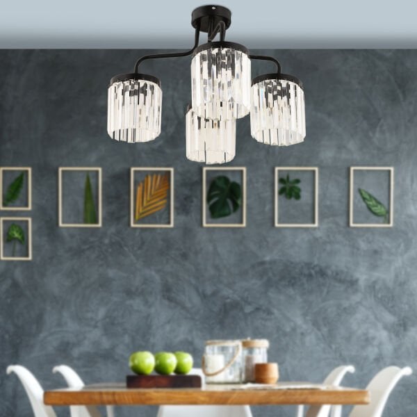 Ayan 4Lü Siyah Kristalli Taşlı Modern Tasarım Kristal Salon Avize