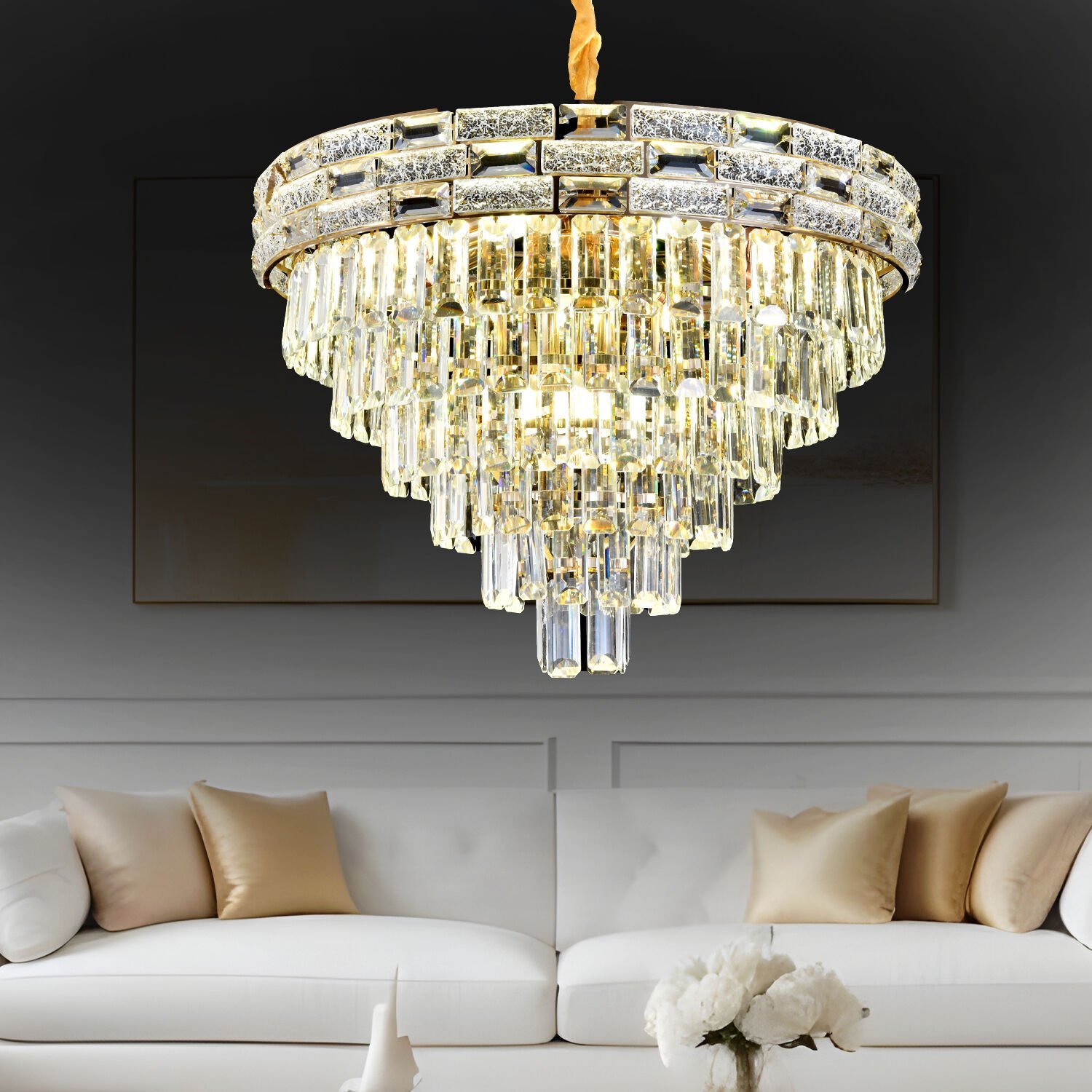 Dolares 60'lık Gold 40 Watt Kristal Taşlı Oturma Odası, Modern Salon Avize