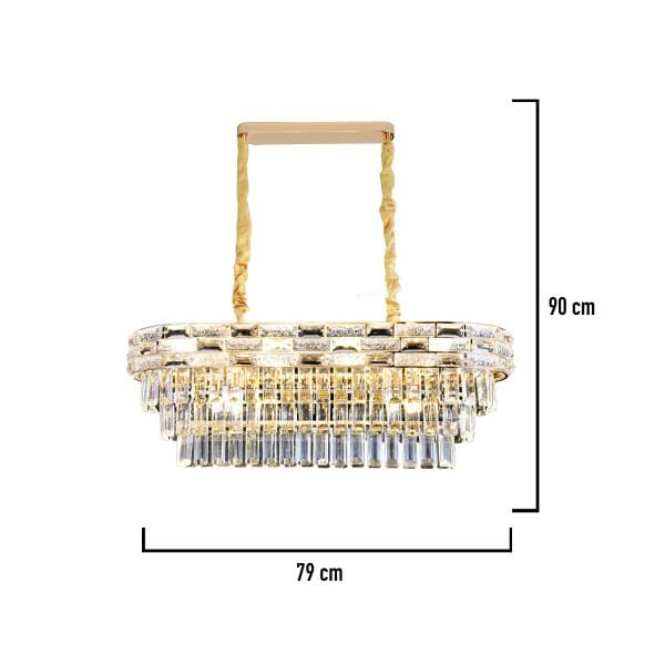 Dolares Sıralı 40 Watt Dikdörtgen Gold Kristal Taşlı Yemek Masası Üstü, Salon Avize