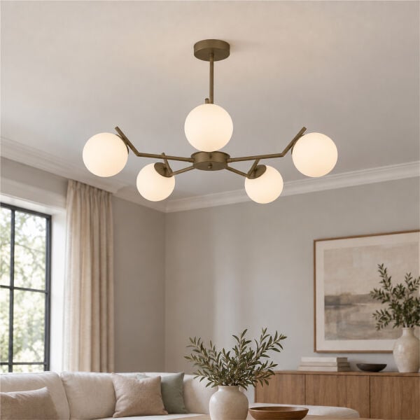 Sara 5Li Eskitme Boyalı  Beyaz Camlı Modern Genç Odası Yemek Masası Üstü Salon Avize