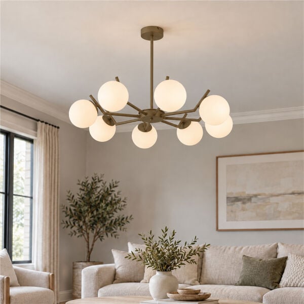 Sara 8Li Eskitme Boyalı Beyaz Camlı Modern Genç Odası Yemek Masası Üstü Salon Avize
