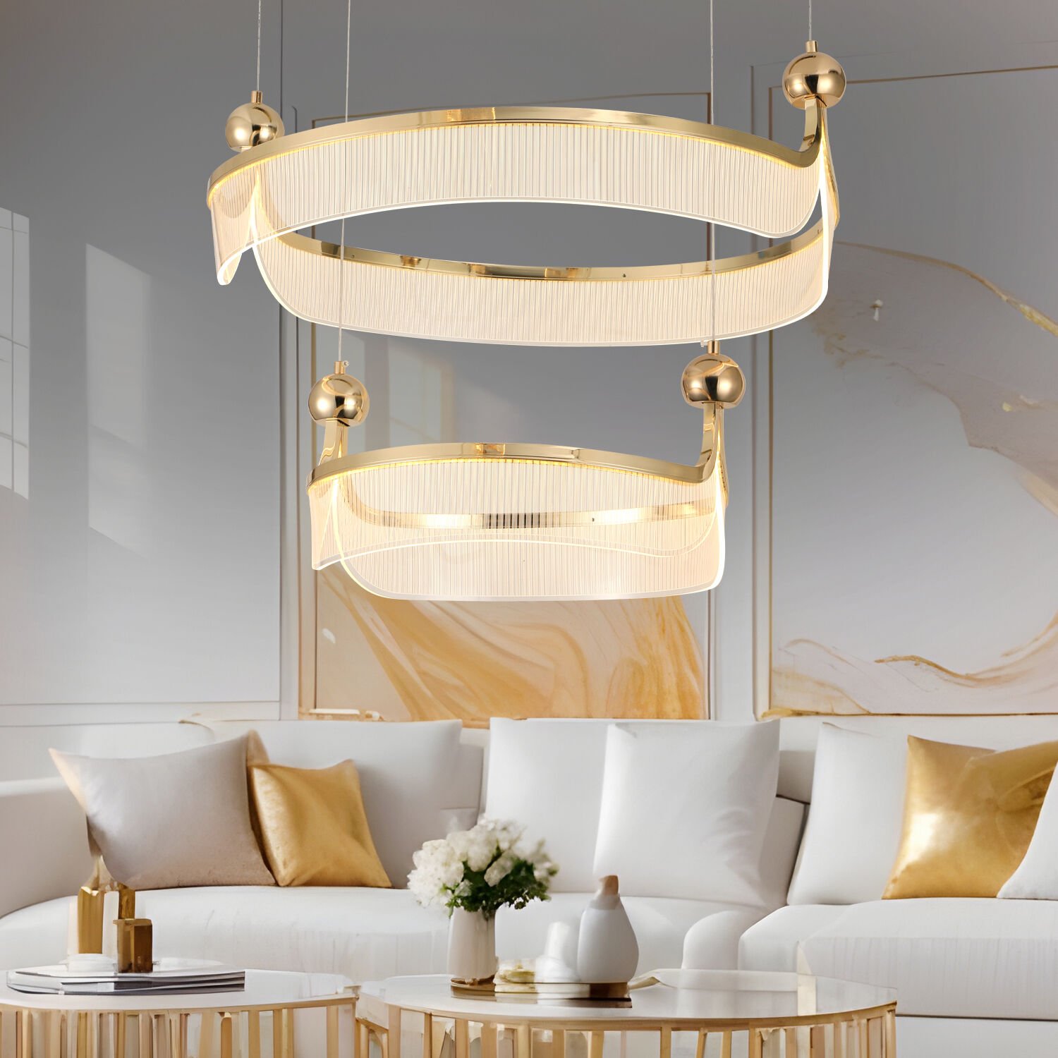 Marena İki Katlı 38 Watt Gold Kristal Taşlı Oturma Odası, Salon Led Sarkıt Avize
