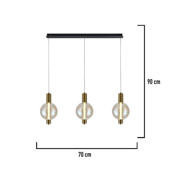 Mira Siyah 3'lü Sıralı Bal Camlı 10 Watt Modern Salon Led Sarkıt Avize