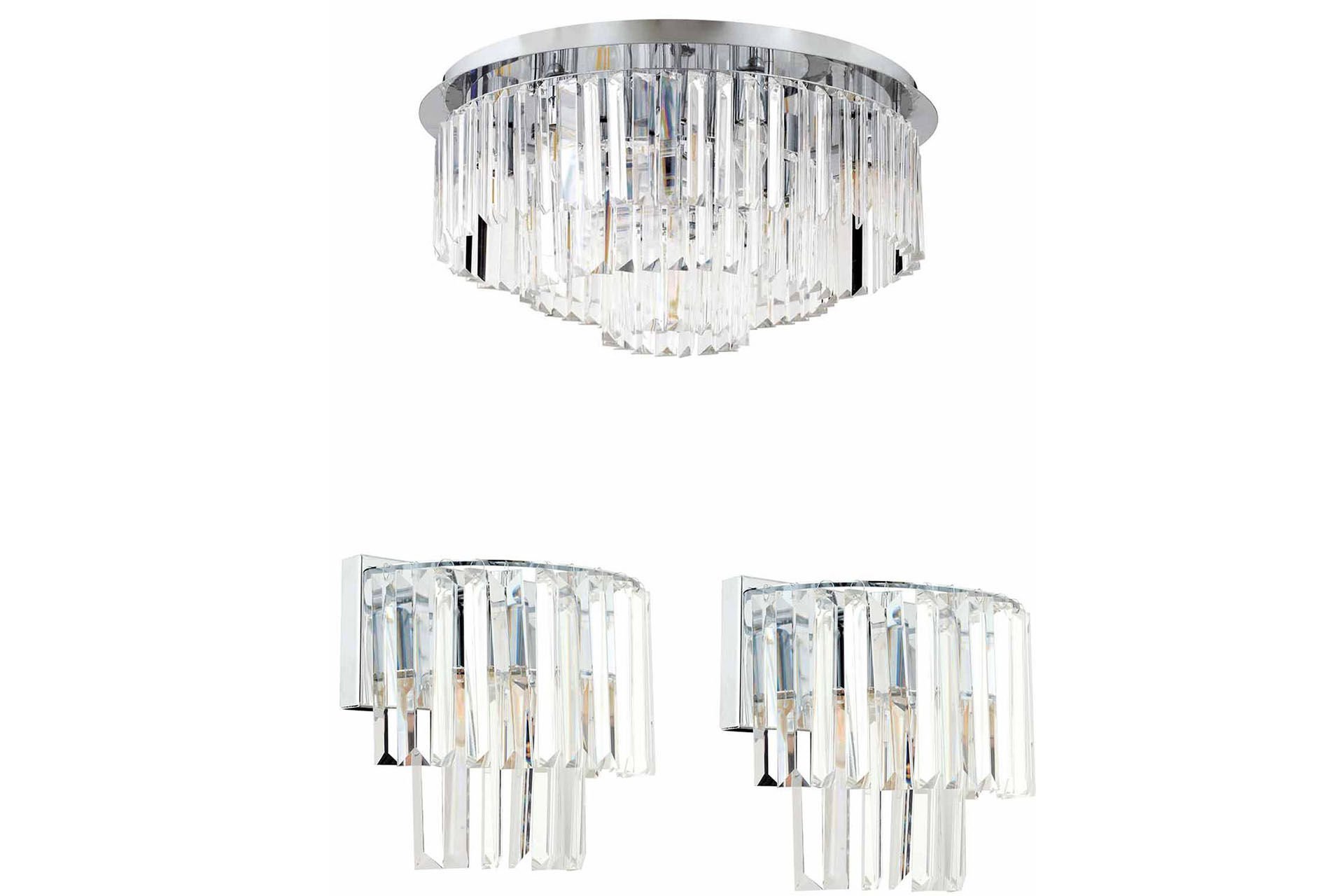 Nilüfer Yuvarlak Krom 3 Parça Kristalli Taşlı Modern Tasarım Kristal Salon Avize-Aplik Seti