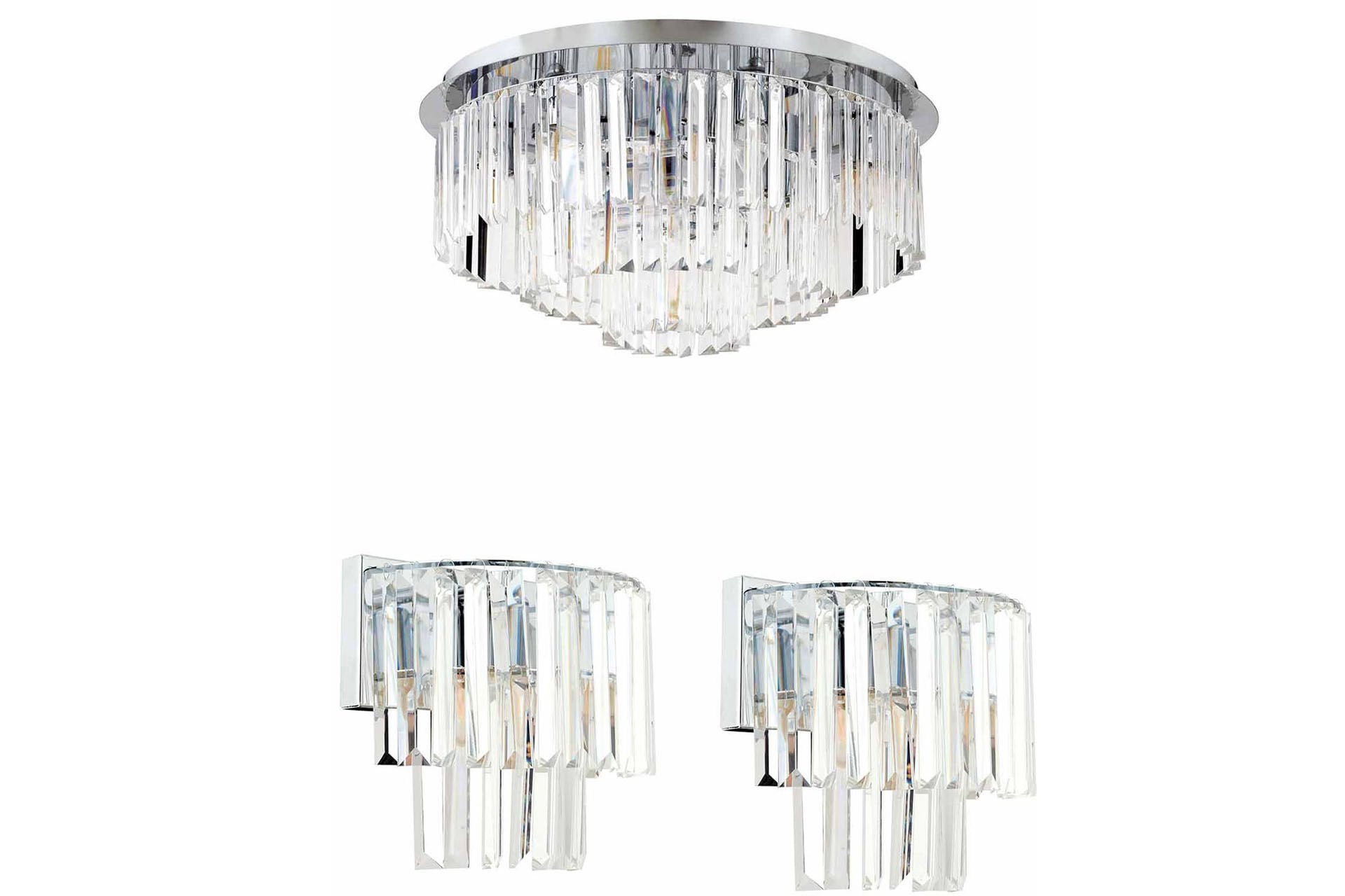 Nilüfer Yuvarlak Krom 3 Parça Kristalli Taşlı Modern Tasarım Kristal Salon Avize-Aplik Seti