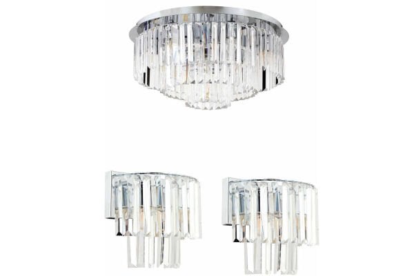 Nilüfer Yuvarlak Krom 3 Parça Kristalli Taşlı Modern Tasarım Kristal Salon Avize-Aplik Seti