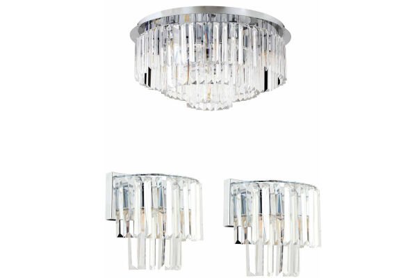 Nilüfer Yuvarlak Krom 3 Parça Kristalli Taşlı Modern Tasarım Kristal Salon Avize-Aplik Seti