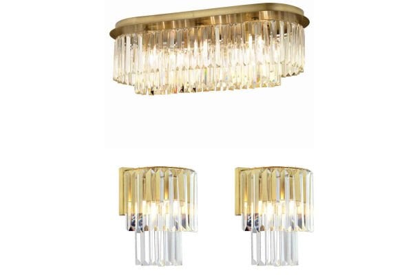 Nilüfer Dikdörtgen Eskitme 3 Parça Kristalli Taşlı Modern Tasarım Kristal Salon Avize-Aplik Seti