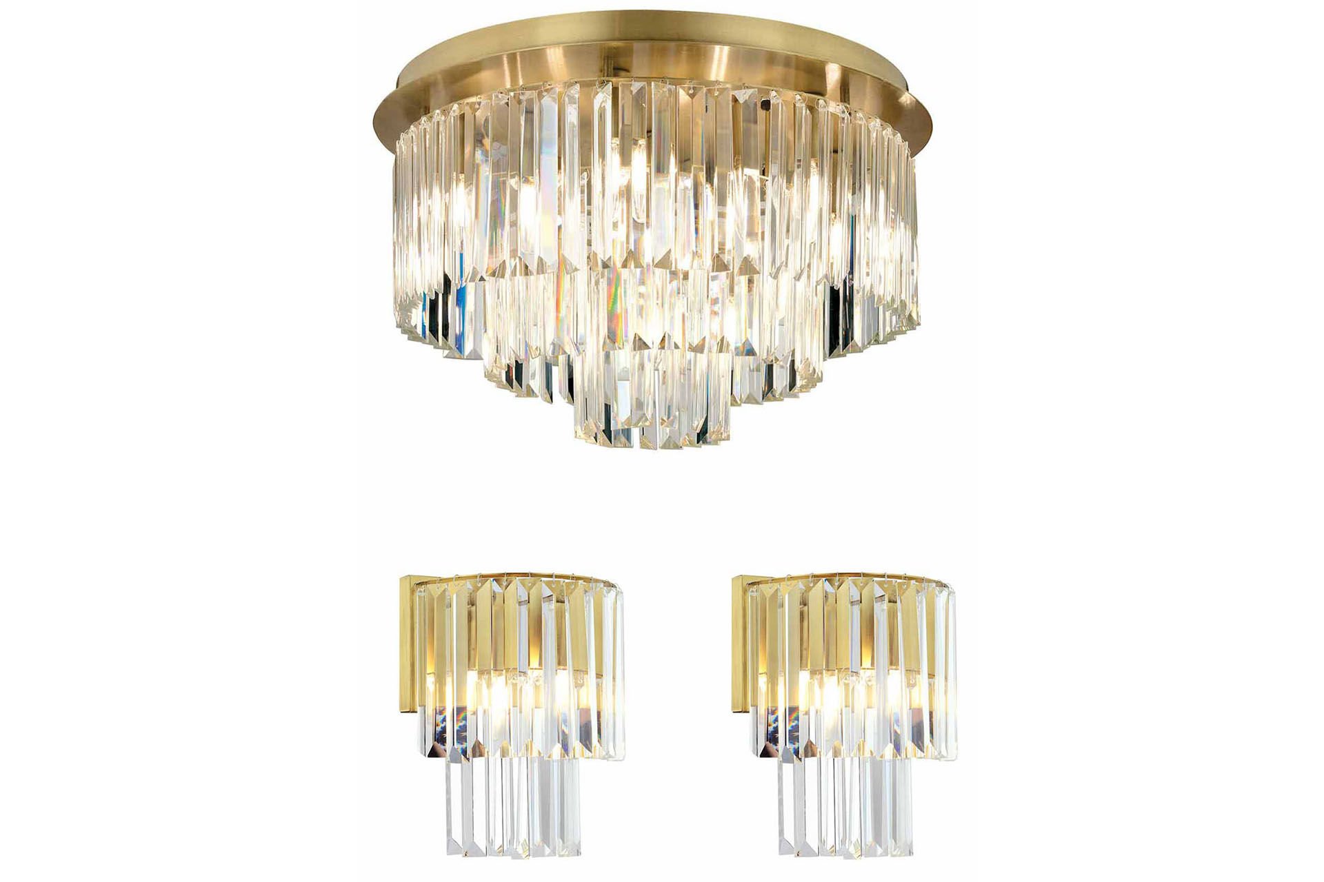 Nilüfer Yuvarlak Eskitme 3 Parça Kristalli Taşlı Modern Tasarım Kristal Salon Avize-Aplik Seti