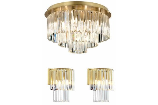 Nilüfer Yuvarlak Eskitme 3 Parça Kristalli Taşlı Modern Tasarım Kristal Salon Avize-Aplik Seti