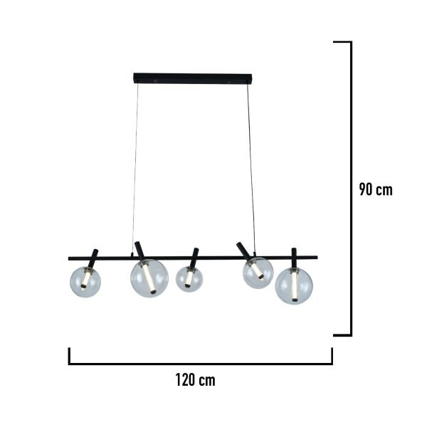 Neval 5'li Sıralı Siyah  Gold 7 Watt Yemek Masası Üstü, Salon Sarkıt Avize