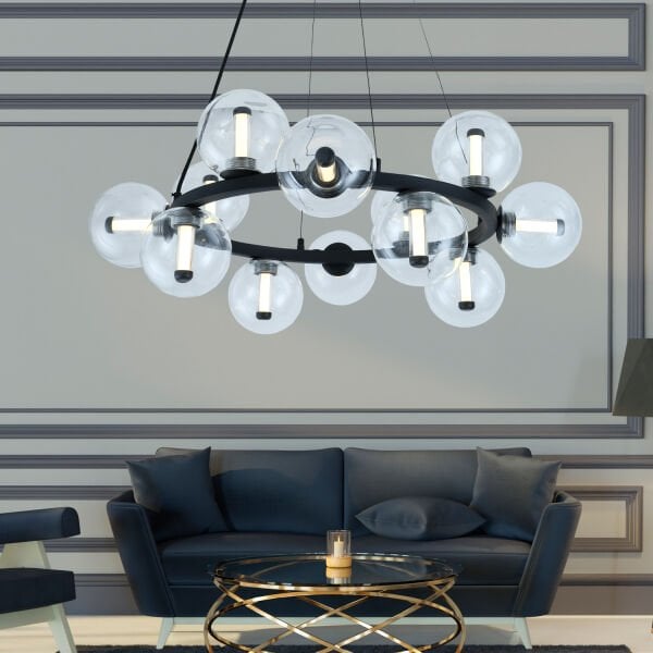 Neval 12'li Yuvarlak Siyah 13 Watt Gold Oturma Odası, Salon Sarkıt Avize