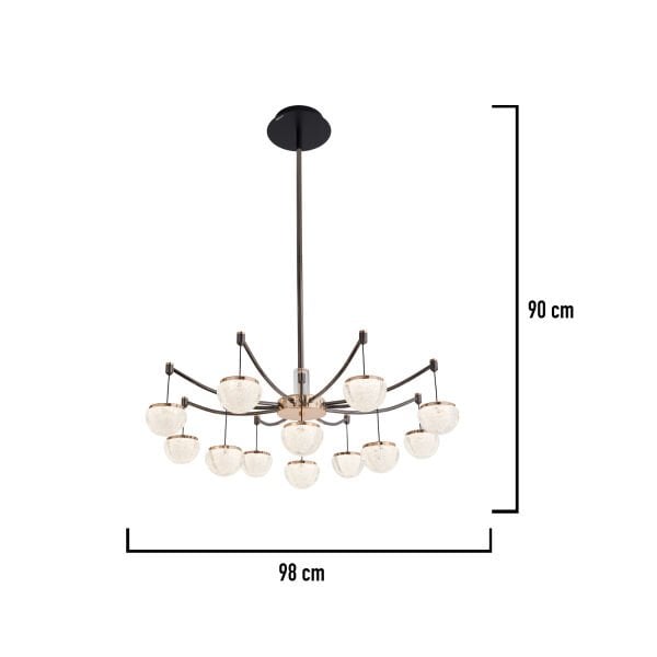Derem 12'li Siyah Gold 160 Watt Yuvarlak Kristal Taşlı Salon Led Sarkıt Avize