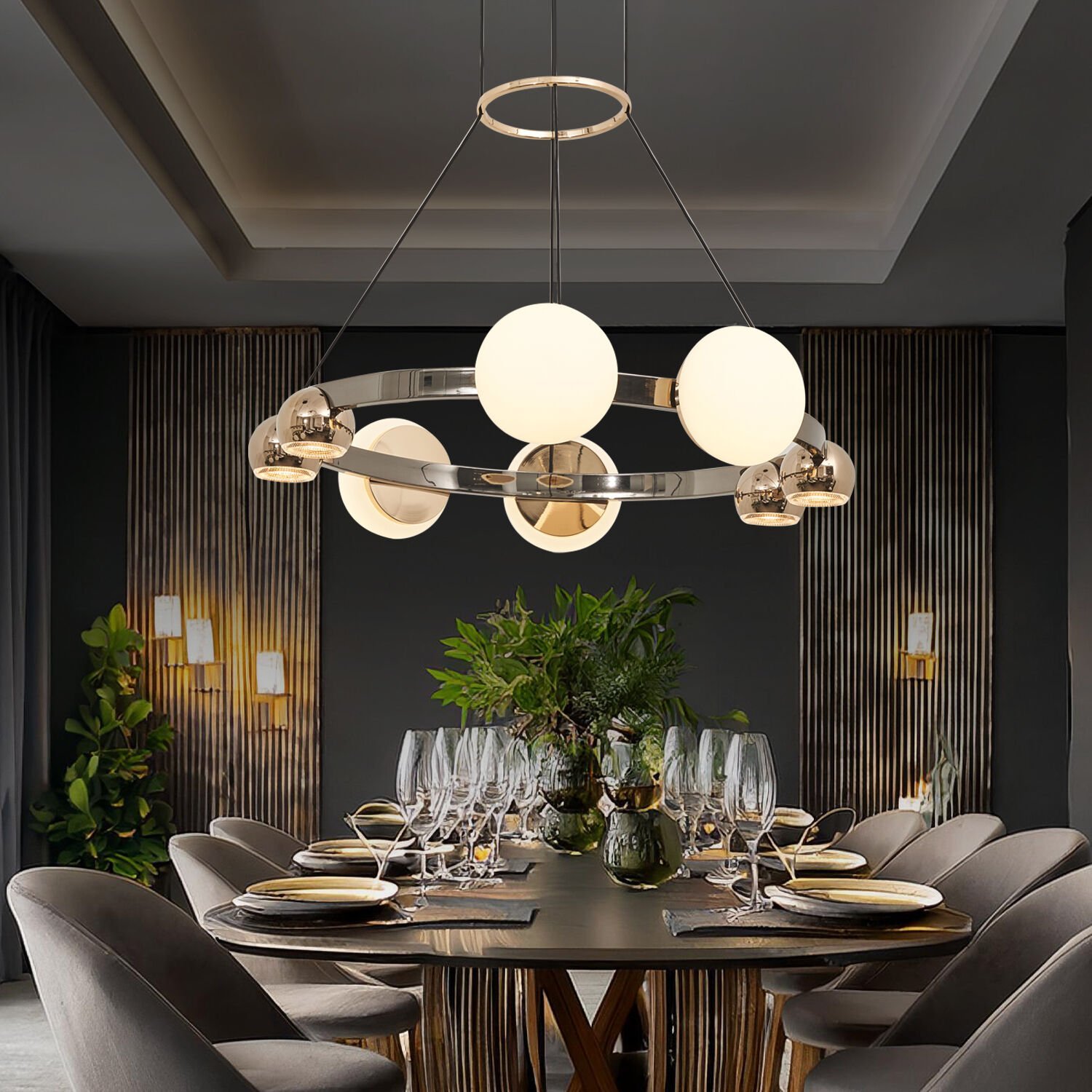 Dilay 8'li Siyah Gold Yuvarlak 80 Watt Modern, Kafe Restoran, Salon Led Sarkıt Avize