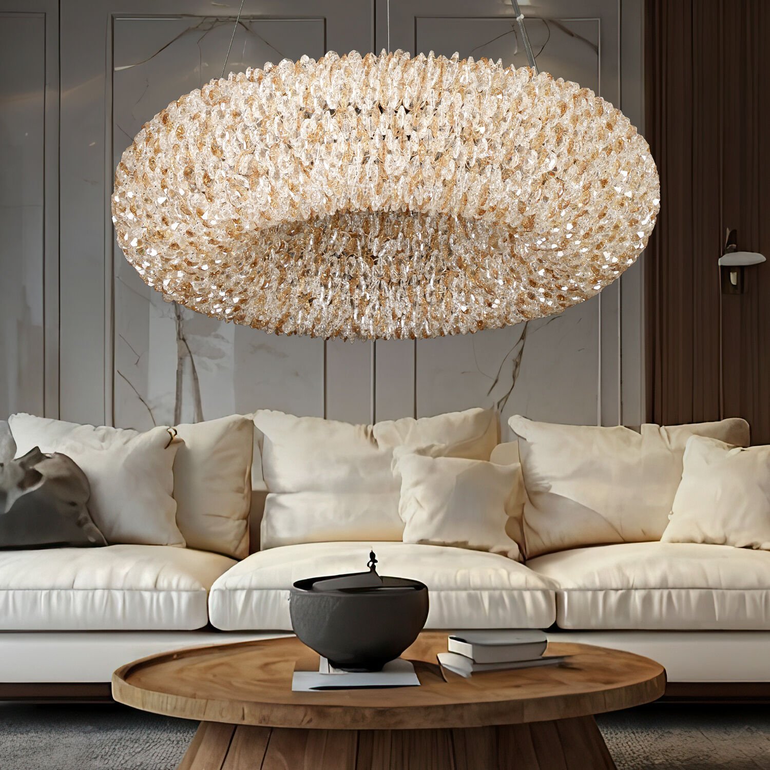 Leman 60'lık Yuvarlak Gold 60 Watt Kristal Taşlı Salon Sarkıt Avize