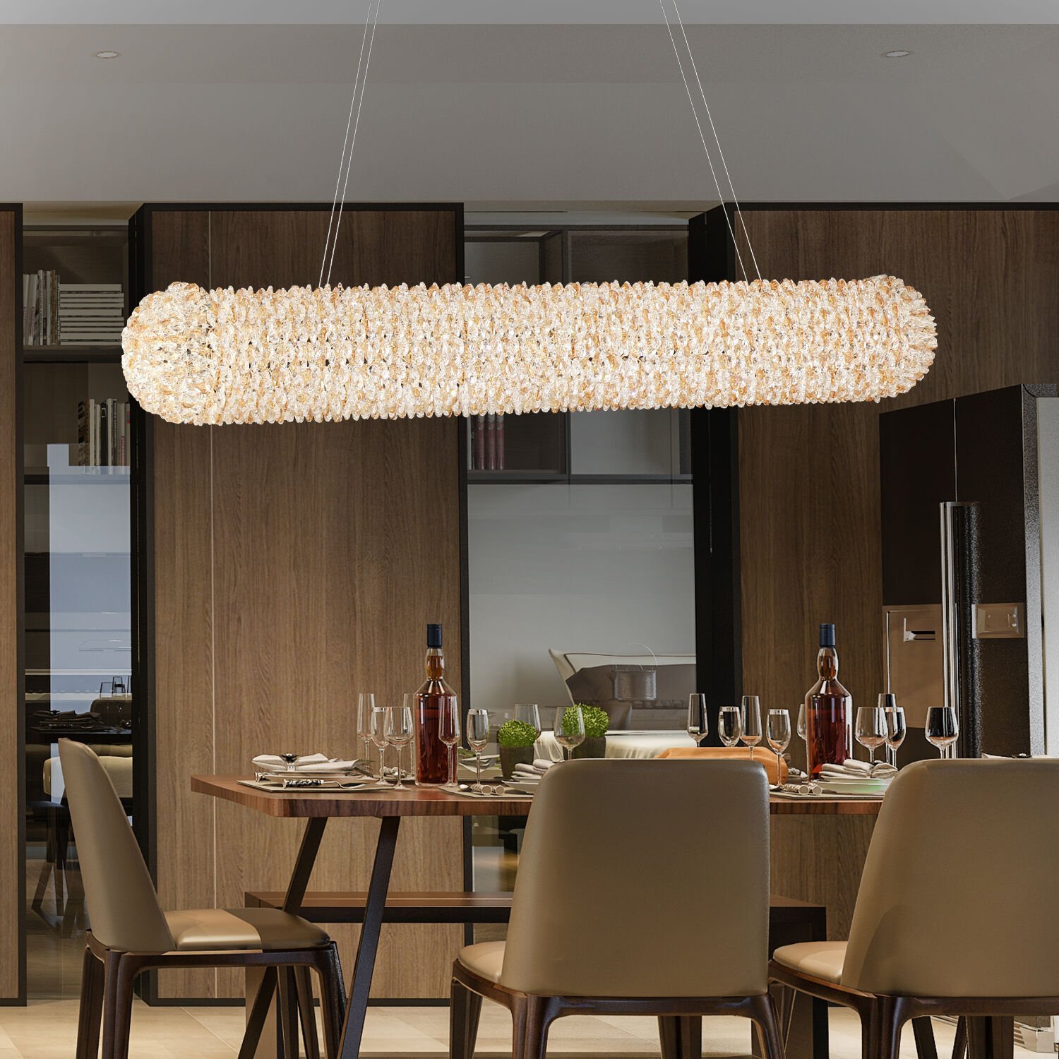 Leman Sıralı Gold 40 Watt Kristal Taşlı Salon Sarkıt Avize