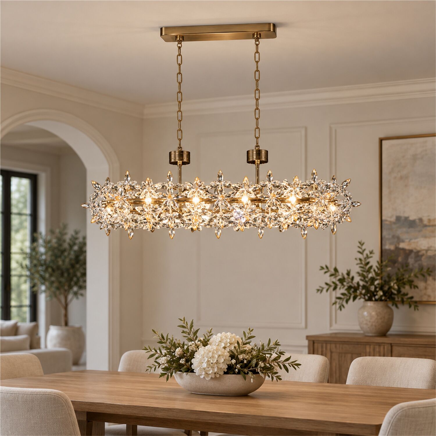 Mercan Sıralı Gold Kristal Taşlı Modern Oturma Odası, Yemek Masası Üstü, Salon Avize