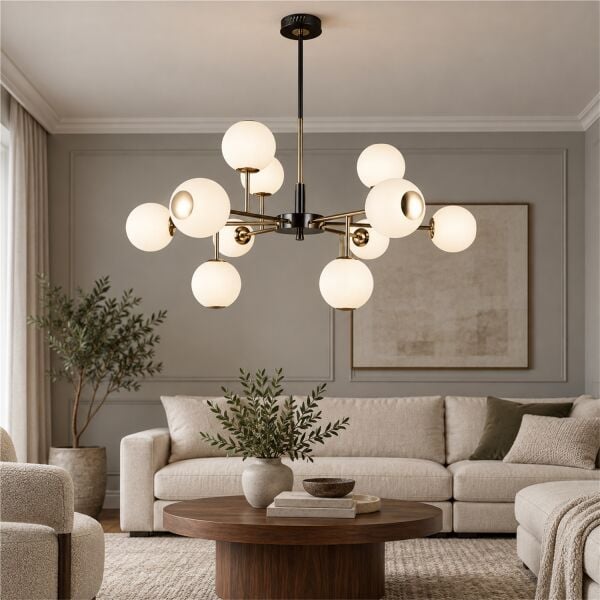 Sofia 12'li Siyah Gold 100 Watt Yuvarlak Modern Oturma Odası, Salon Avize