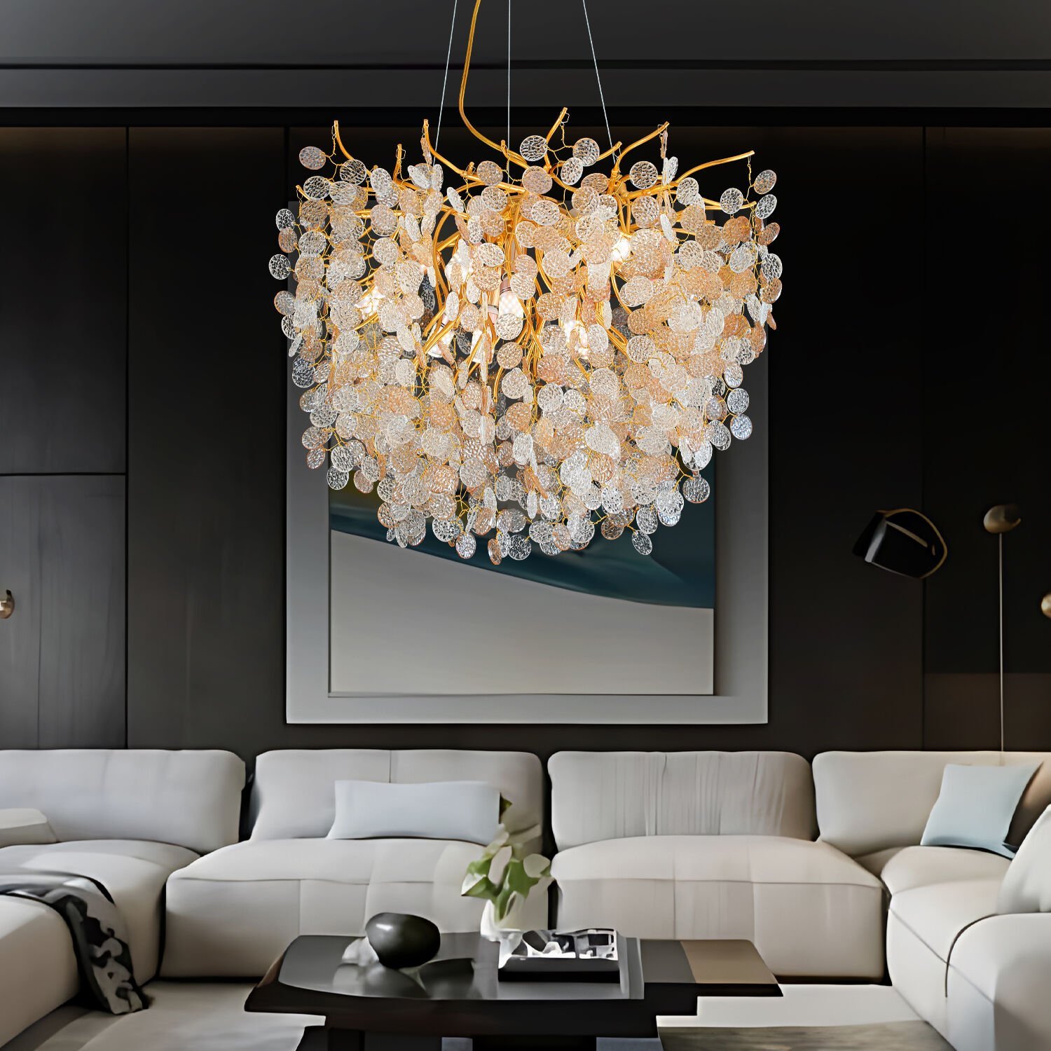 Masal 60'lık Yuvarlak Gold Kristal Taşlı Modern, Oturma Odası, Salon Avize