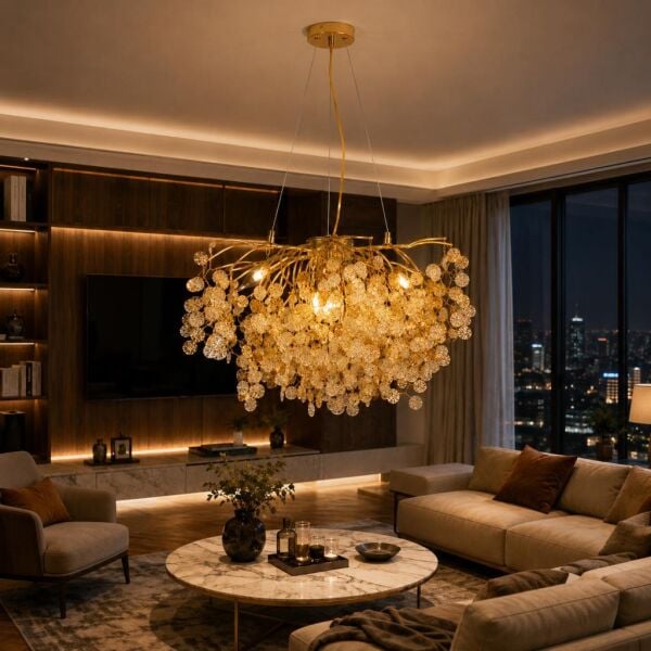 Masal 60'lık Yuvarlak Gold Kristal Taşlı Modern, Oturma Odası, Salon Avize
